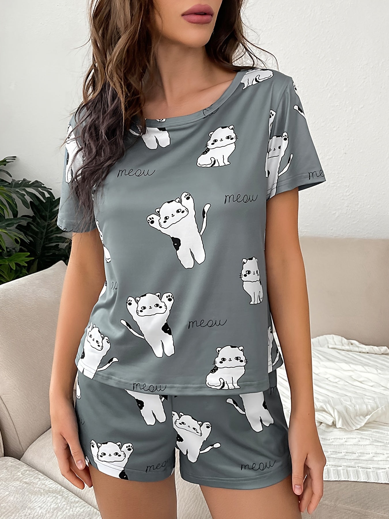 Women's Kitty Print Short Sleeve & Shorts Pajama Sets
