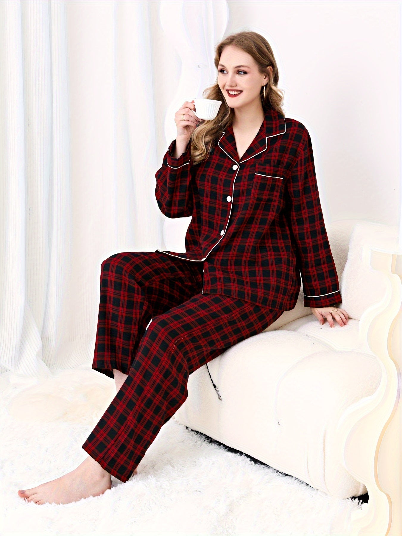  Plaid Print Pajamas Set - Long Sleeve Button Up Shirt & Pants