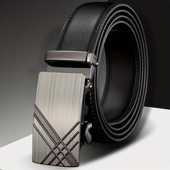 Men's Calfskin Leather Belt with Automatic Buckle for Business Suit