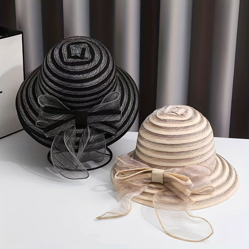 Striped Mesh Breathable Bucket Hats Bowknot Decor Foldable Basin Beach Hat