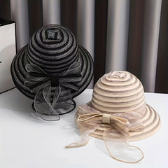 Striped Mesh Breathable Bucket Hats Bowknot Decor Foldable Basin Beach Hat