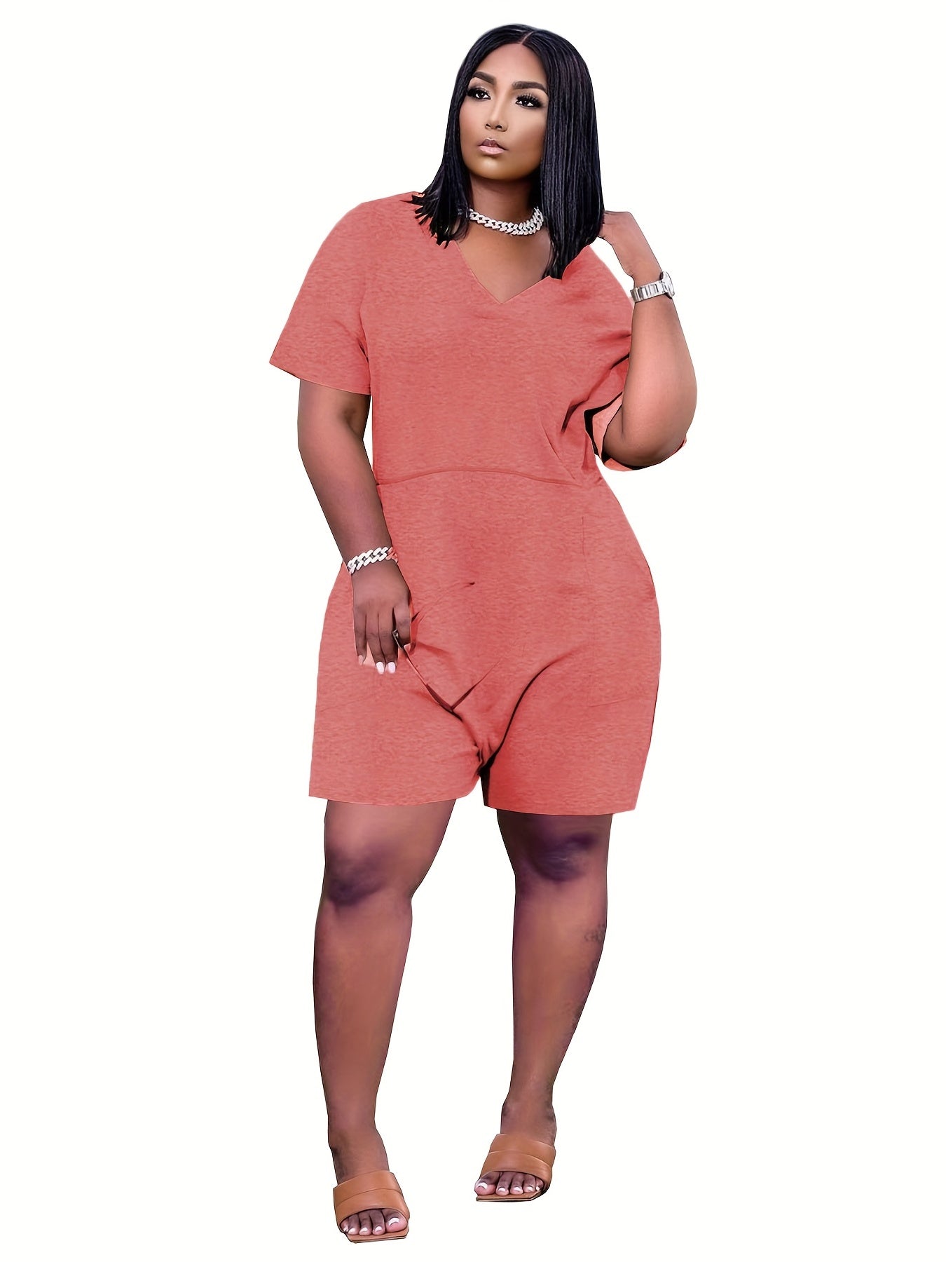 V Neck Romper Jumpsuit Casual Short Sleeve Romper Jumpsuit