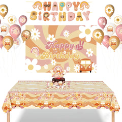 Rainbow Birthday Party Tablecloth, Disposable Hippie Bus Decoration