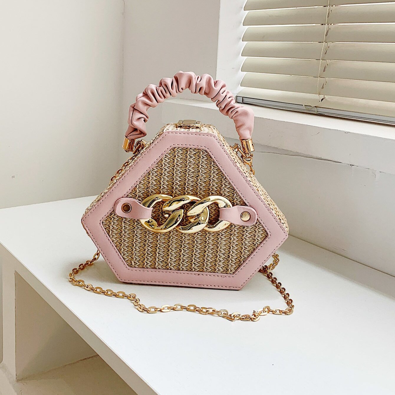 Straw Box Bag Chain Shoulder Top Handle Purse
