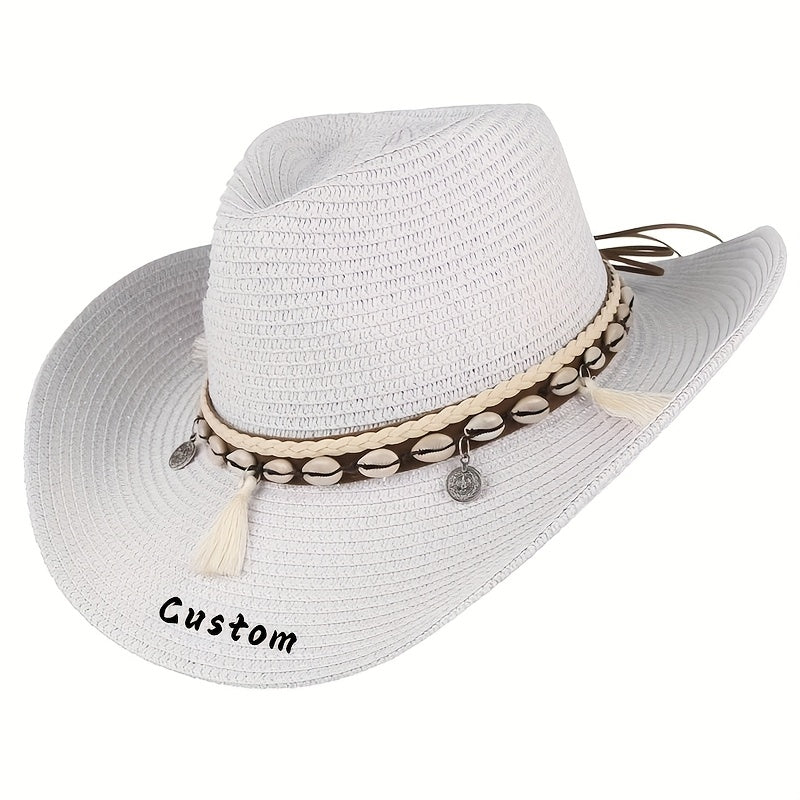 Men's Embroidered Straw Sun Hat with Braided Band - Light Pink