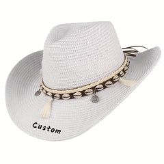 Men's Embroidered Straw Sun Hat with Braided Band - Light Pink