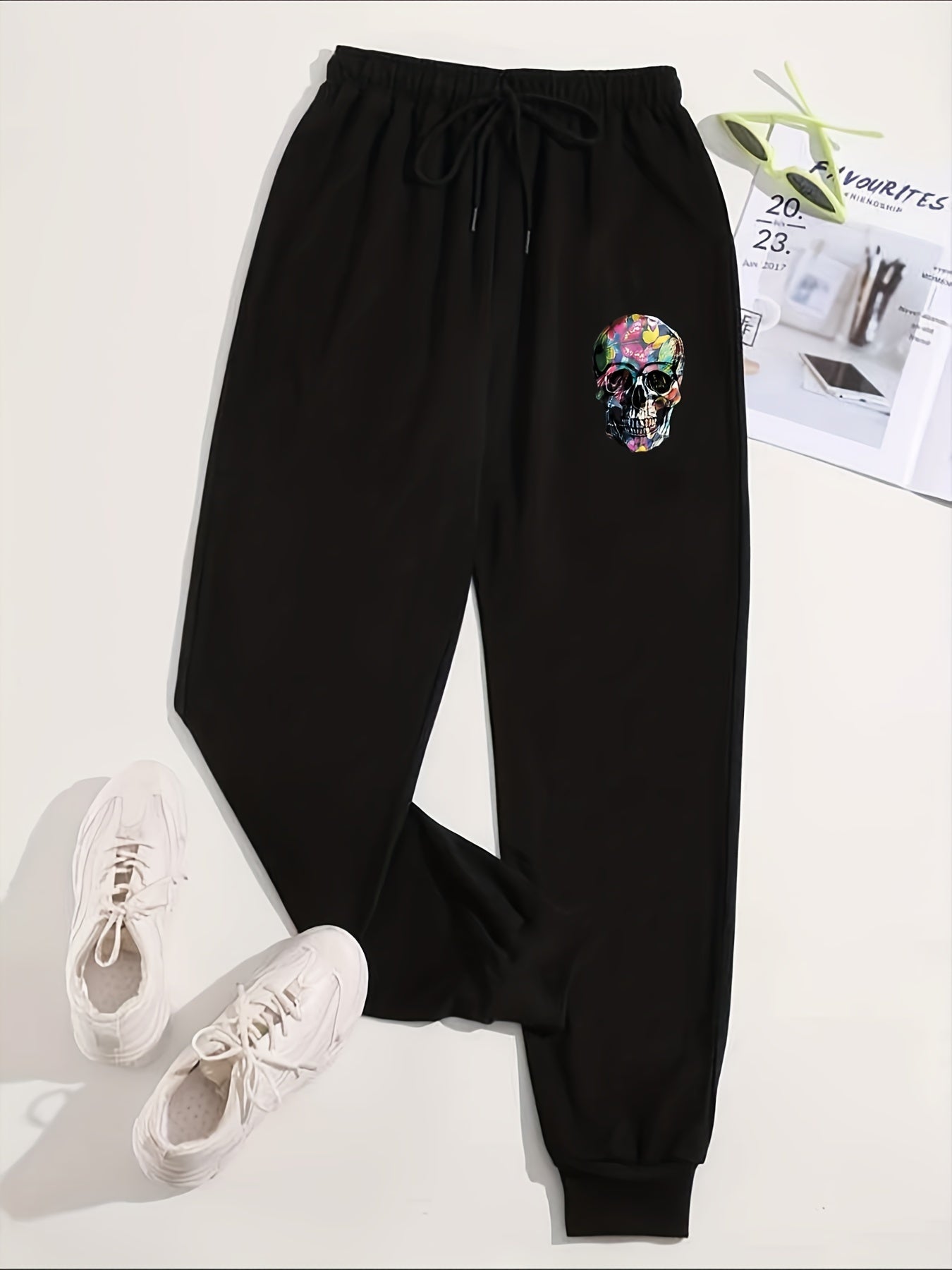 Skull Pattern Drawstring Joggers Casual Pants for Women