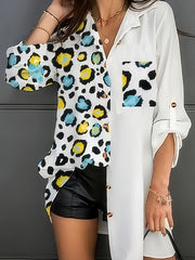  Colorblock Leopard Print Button Up Tunic Shirt