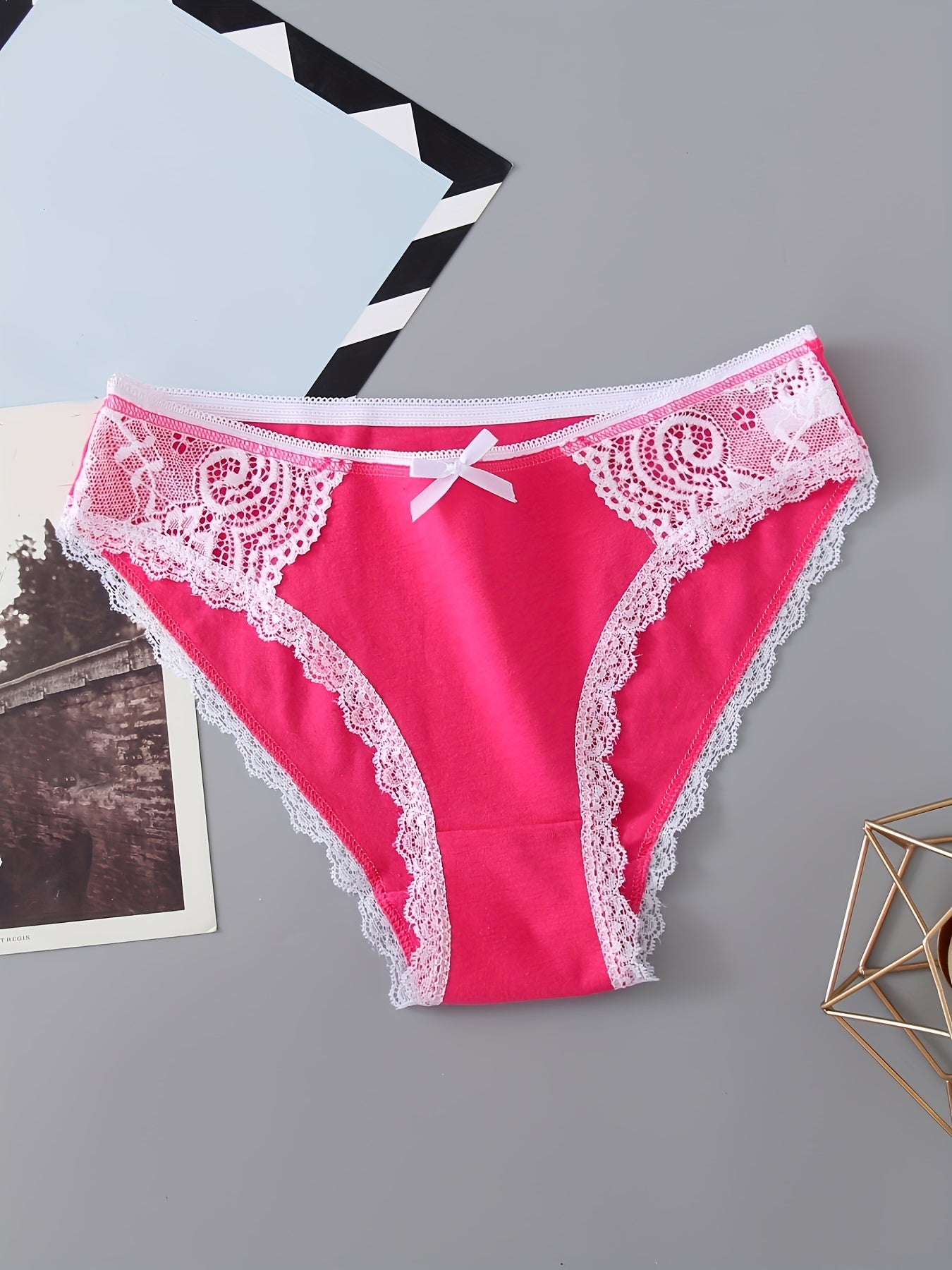 6pcs Bow Lace Bikini Panties Colorblock Intimates Lingerie Underwear