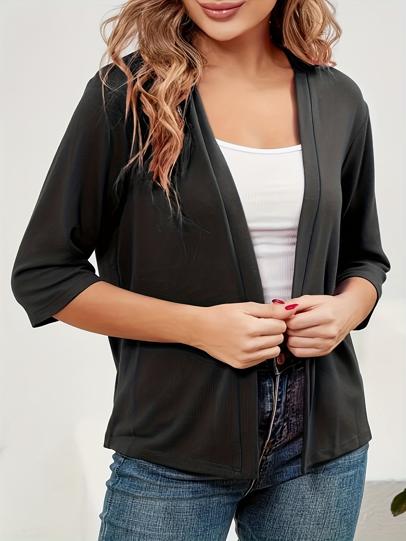  Solid Half Sleeve Open Front Cardigan