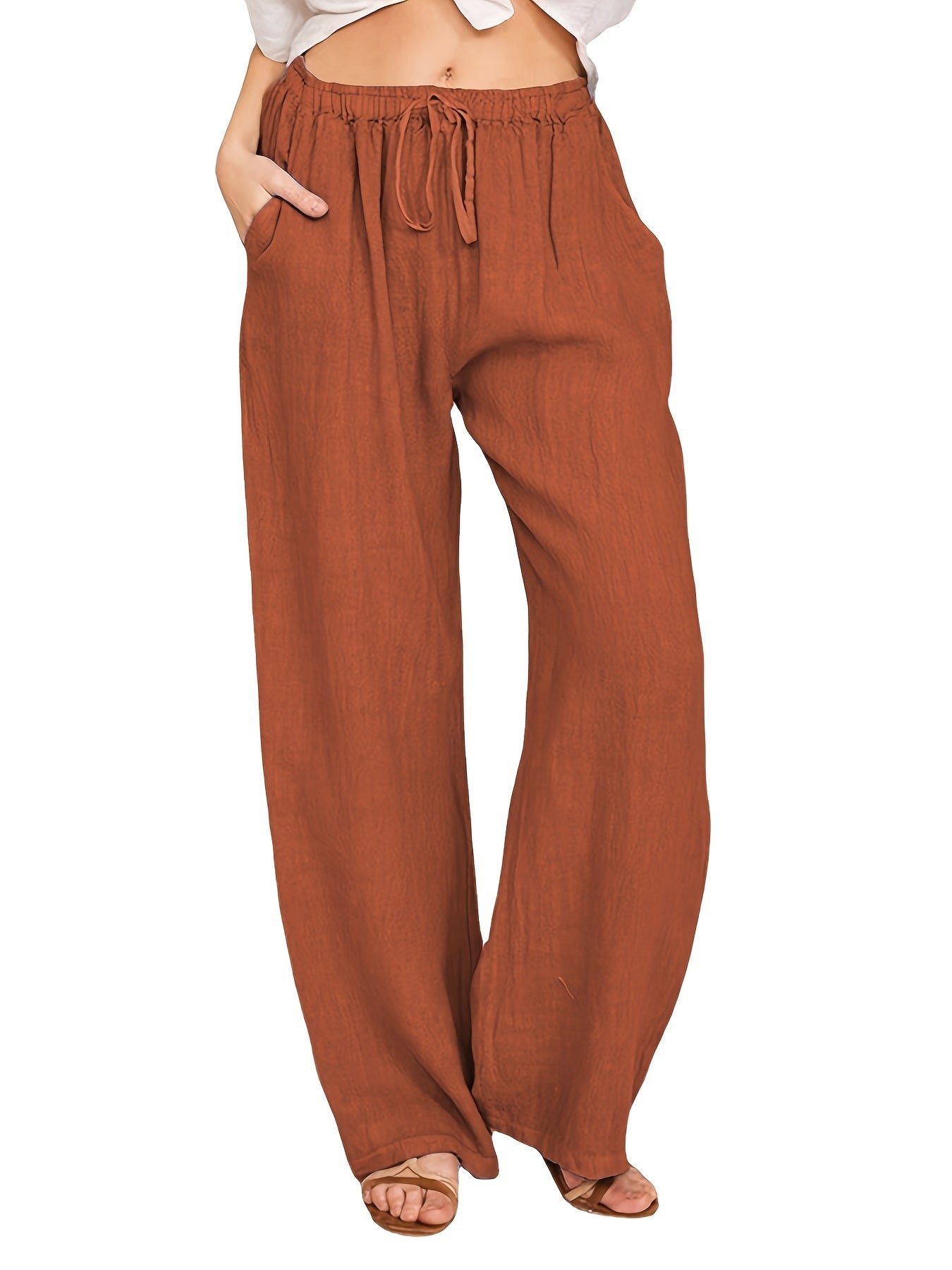  Solid Straight Leg Drawstring Pants