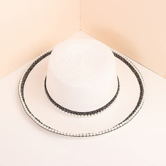 Faux Pearl Decor Sun Hat Flat Top Jazz Fedora Cap Women