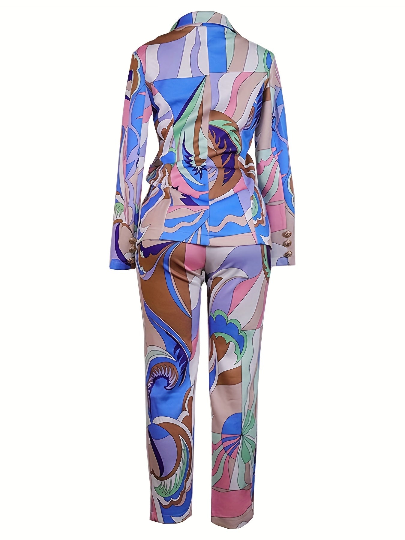  Casual Suit Set Women's Plus Allover Print Blazer & Pants Suit