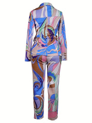  Casual Suit Set Women's Plus Allover Print Blazer & Pants Suit