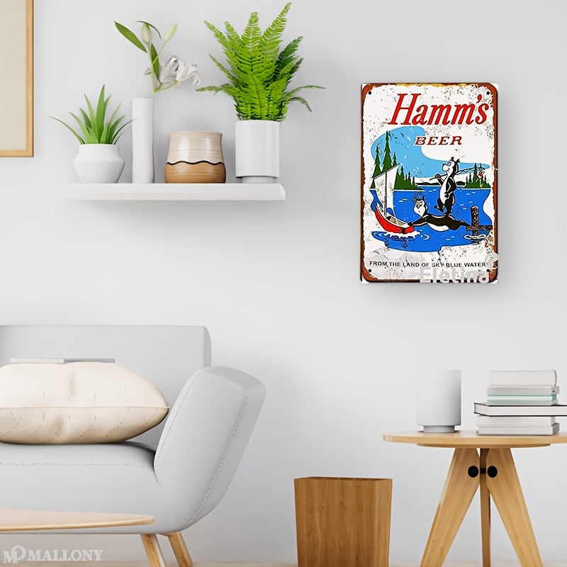 Vintage Metal Tin Sign 1956 Hamm's Beer Bears Fishing 7x11 inches