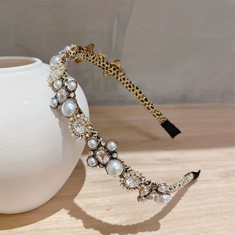 Baroque Rhinestone Headband Faux Pearl Hoop Glitter Hair Band