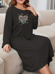 Heart & Butterfly Print Long Sleeve Plus Size Sleep Dress
