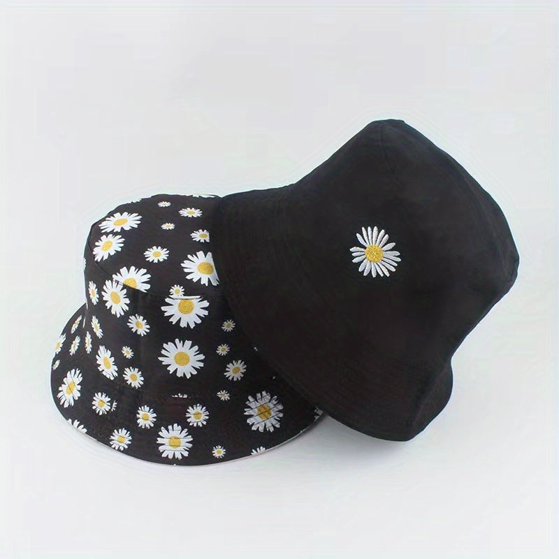 Reversible Daisy Embroidery Bucket Hat Solid Basin Hat Lightweight