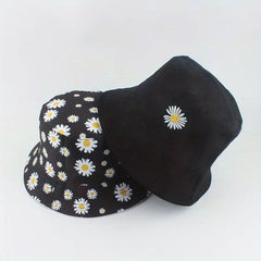 Reversible Daisy Embroidery Bucket Hat Solid Basin Hat Lightweight