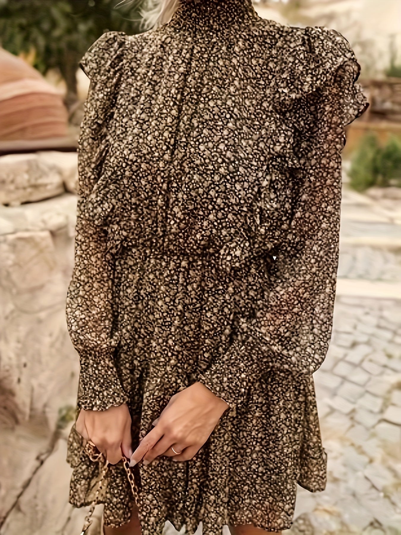 Women's Plus Ditsy Print Lantern Sleeve High Neck Ruffle Trim Dress