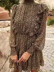 Women's Plus Ditsy Print Lantern Sleeve High Neck Ruffle Trim Dress