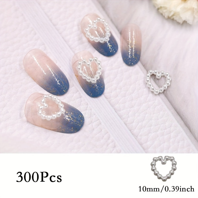 300Pcs Colorful Hollow Pearly Heart Pearl Nail Charm Acrylic Heart Decoration