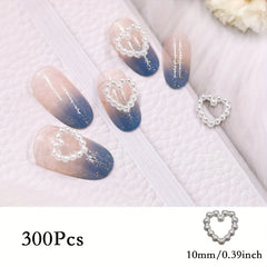 300Pcs Colorful Hollow Pearly Heart Pearl Nail Charm Acrylic Heart Decoration