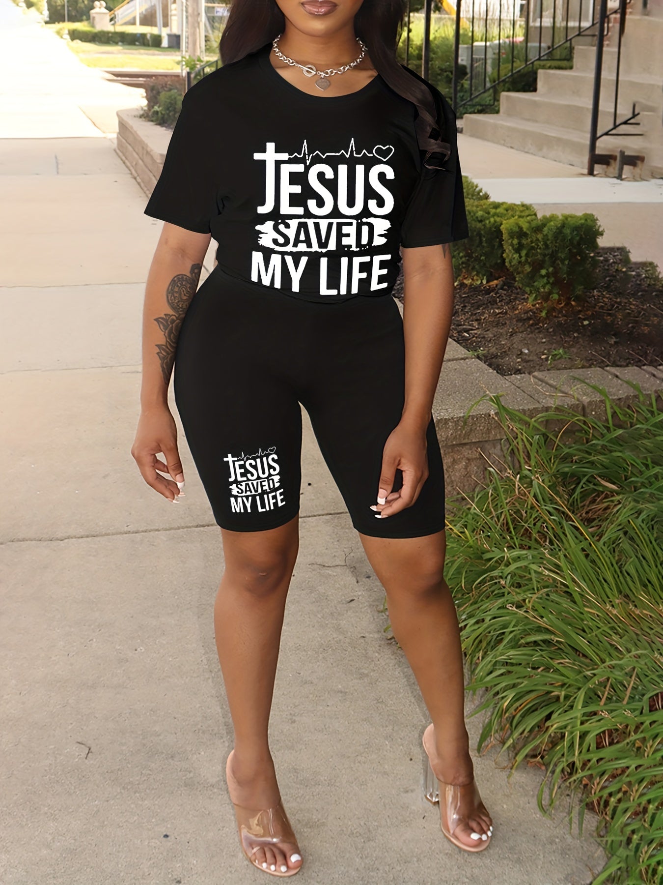  Graphic Tee & Stretch Shorts Two Piece Outfit Set