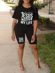  Graphic Tee & Stretch Shorts Two Piece Outfit Set