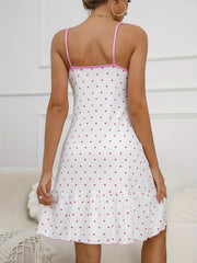 Heart Print Slip Lounge Dresses Comfy V Neck Ruffle Home Dress
