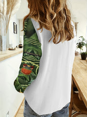  Cartoon Girl & Floral Print Colorblock Long Sleeve Top