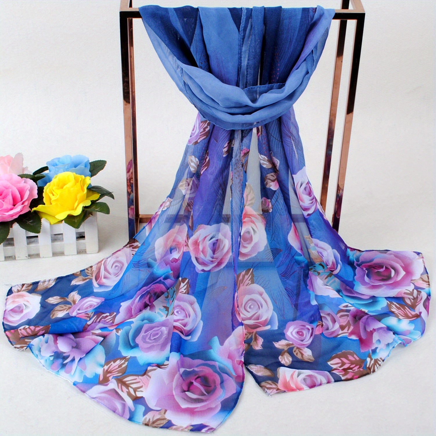 Peacock Feather Rose Print Chiffon Hijab Scarf
