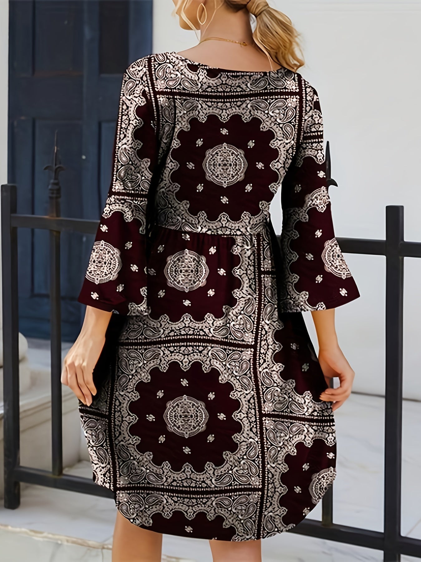  Boho Dress Women's Plus Paisley Print Bell Sleeve