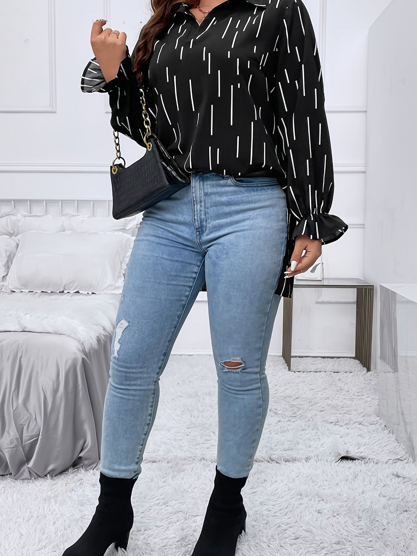  Stripe Print Lantern Sleeve Casual Blouse