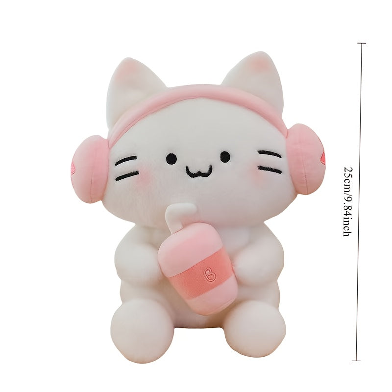 9.84in Cat Plush with Headphones Holding Drink Cup for Parties & Birthday