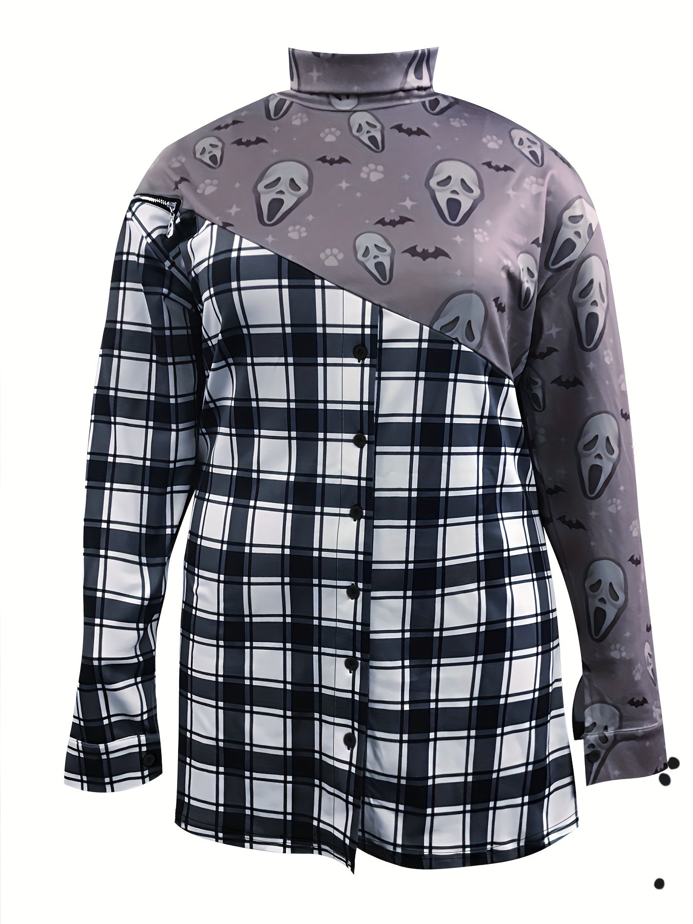  Colorblock Plaid & Skull Print Mock Neck Dress