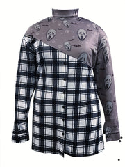  Colorblock Plaid & Skull Print Mock Neck Dress