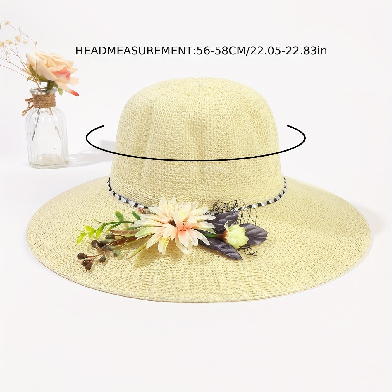 Beige Crochet Bucket Hat Faux Flower Decor Straw Casual Travel Beach Hat