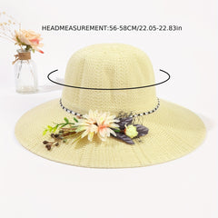 Beige Crochet Bucket Hat Faux Flower Decor Straw Casual Travel Beach Hat