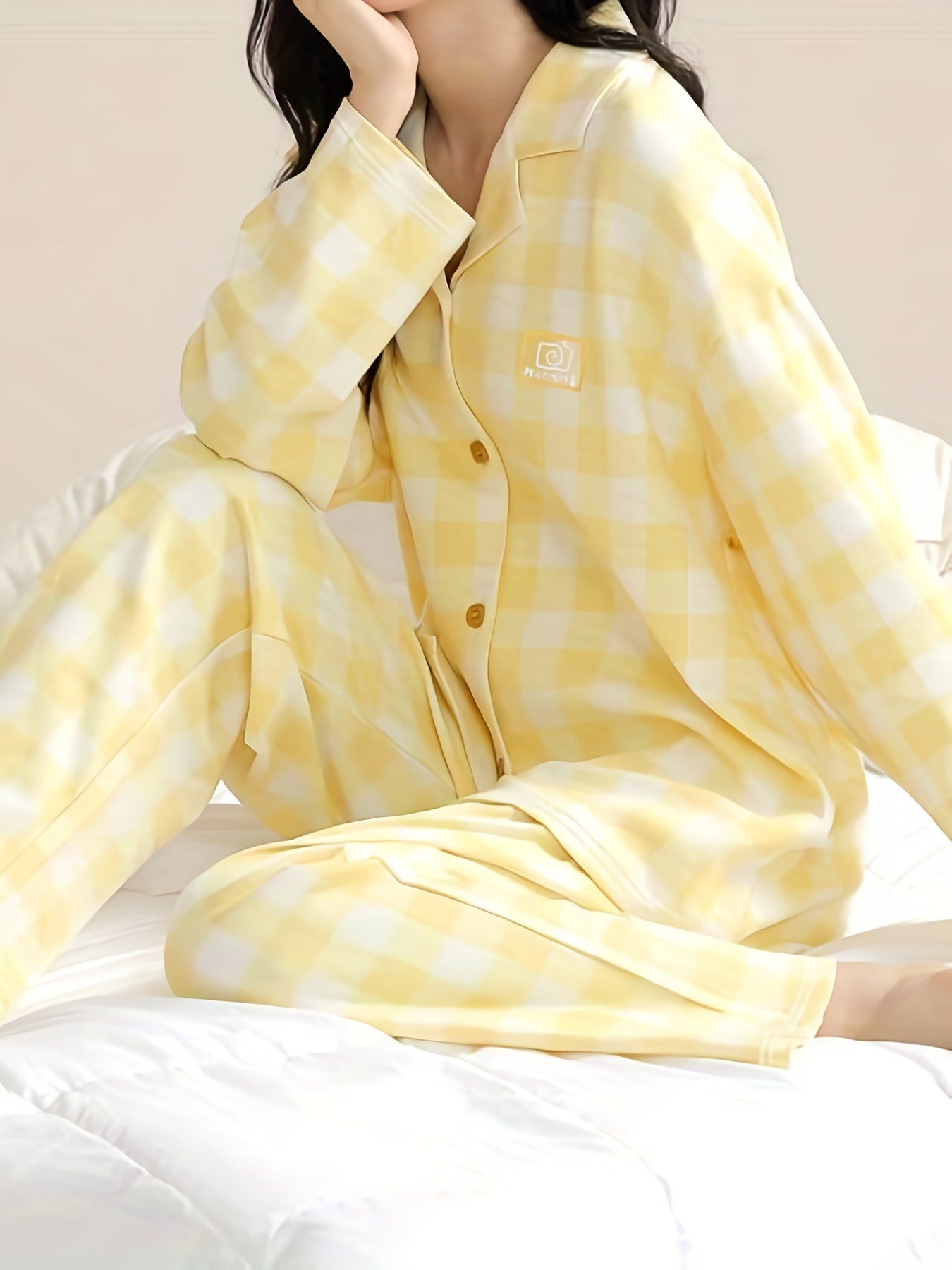 Plaid Print Pajama Set Long Sleeve Top & Pants Women's Sleepwear