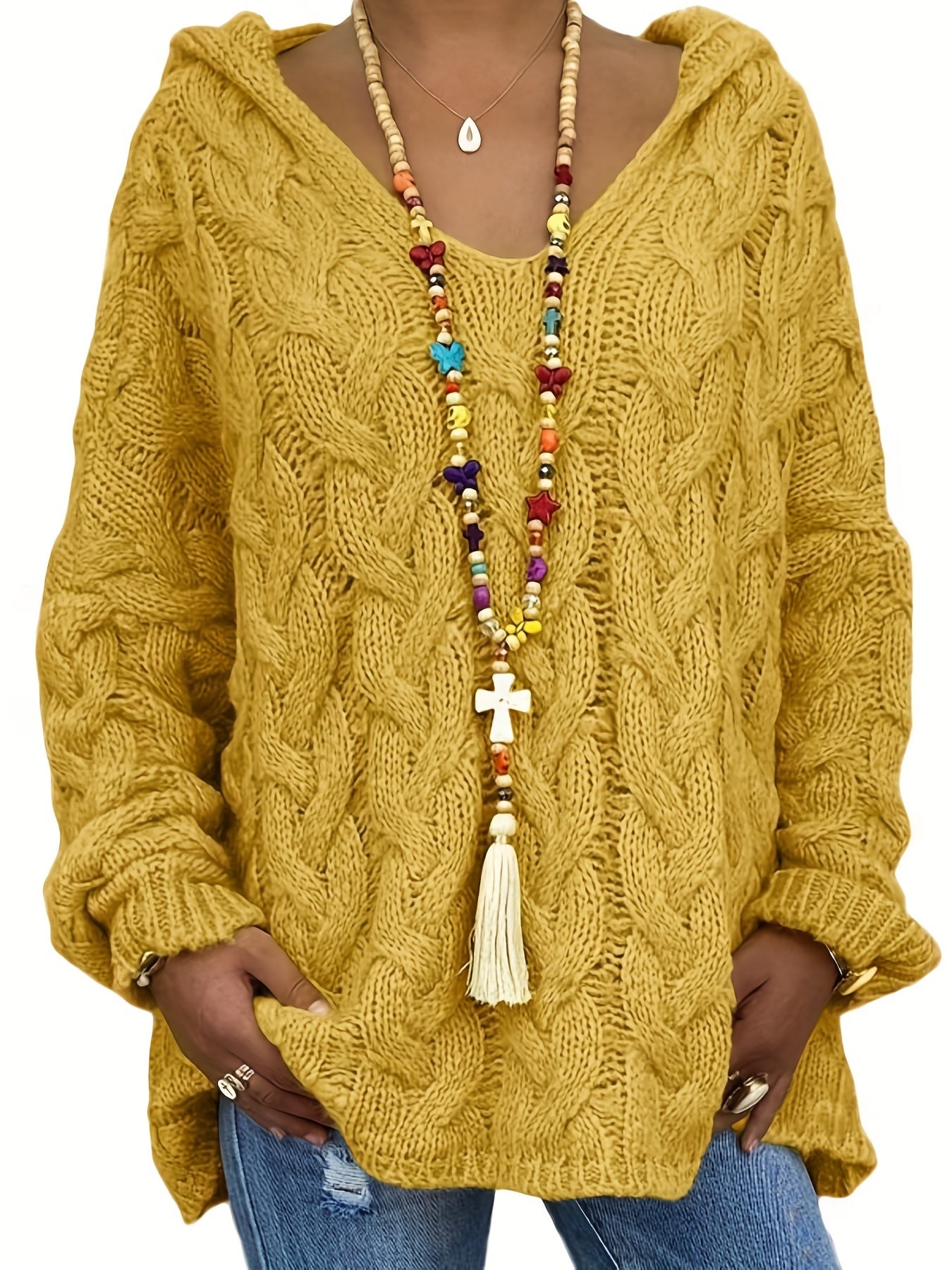  Casual Sweater Women's Solid Hooded Knitted Pullover Jumper