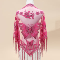 Triangle Scarf Butterfly Flower Embroidery Lace Tassel Shawl