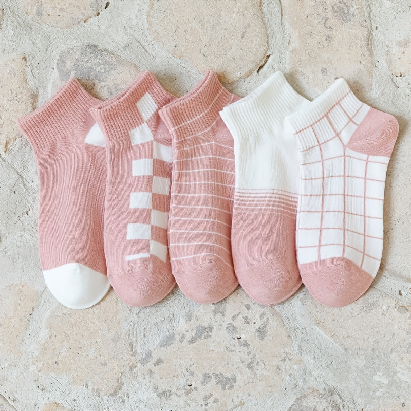 5 Pairs Cartoon Bear & Plaid Striped Ankle Socks Women's Stockings