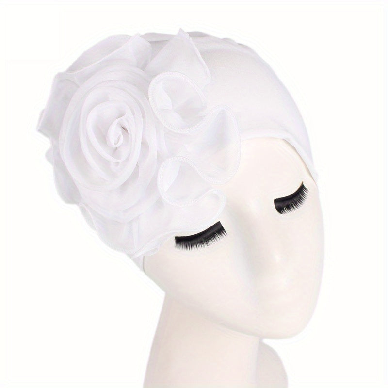 Lace Plate Flower Turban Cap Elastic Head Wrap Solid Bonnet Head Scarf Women