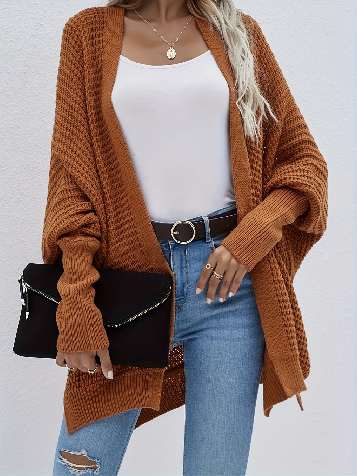  Solid Bat Sleeve Open Front Cardigan
