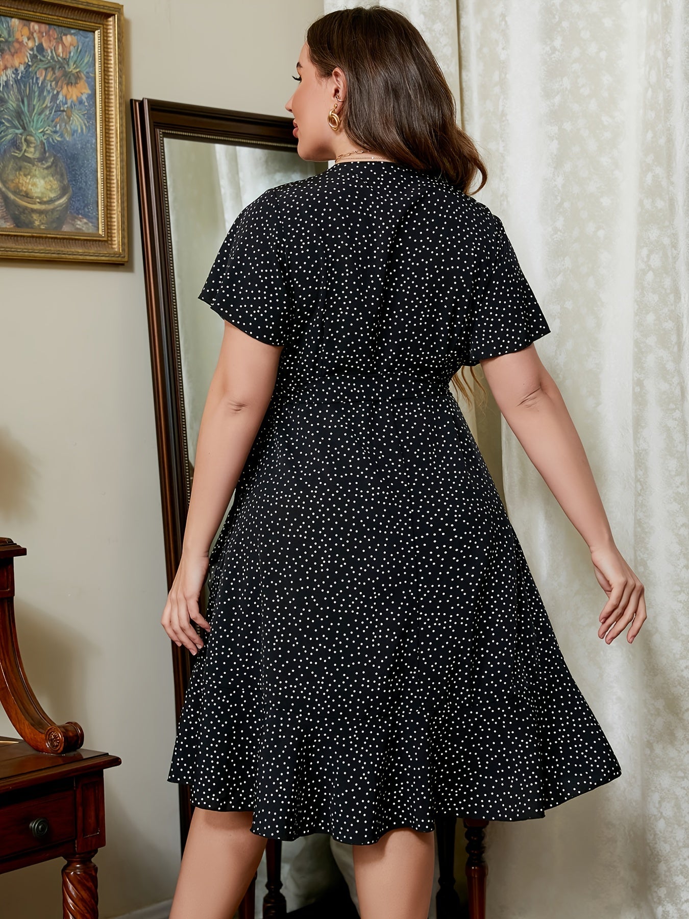  Dot Print V-Neck Ruffle Trim Dress