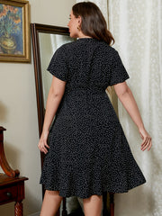  Dot Print V-Neck Ruffle Trim Dress
