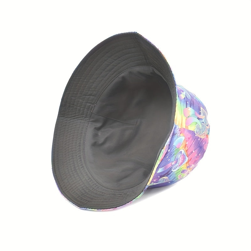 Y2K Rainbow Mushroom Bucket Hat Tie Dye Print Reversible Fisherman Cap