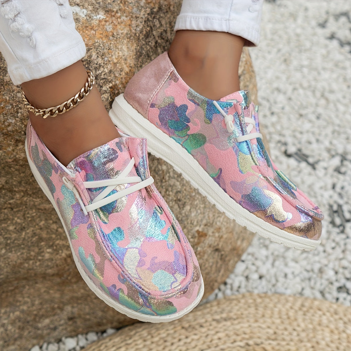 Women's Colorblock Sequins Loafers Lace Up Low Flat Shoes