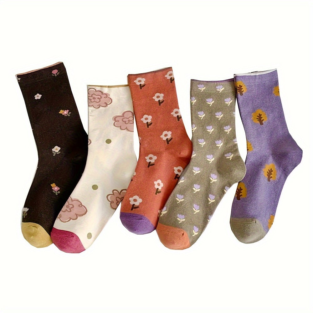 5 Pairs Floral Print Socks Mid Tube Women's Stockings